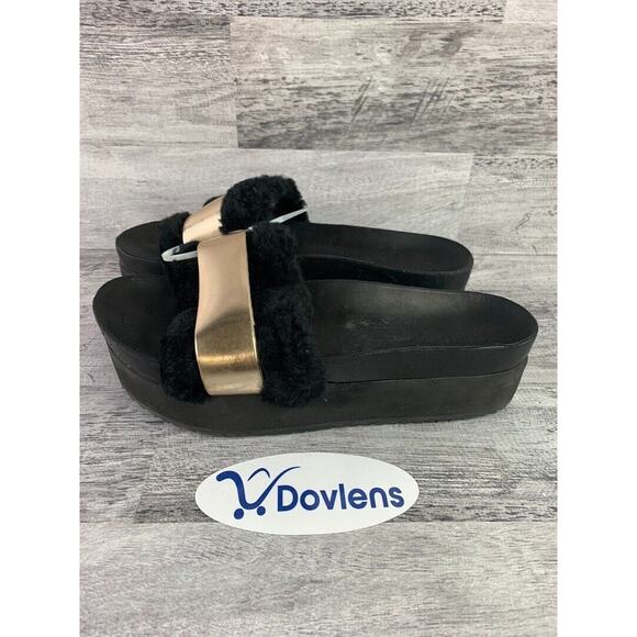 Schutz Womens Black & Gold Faux Fur Platform Slide Sandals Size 9.5B - Picture 4 of 5